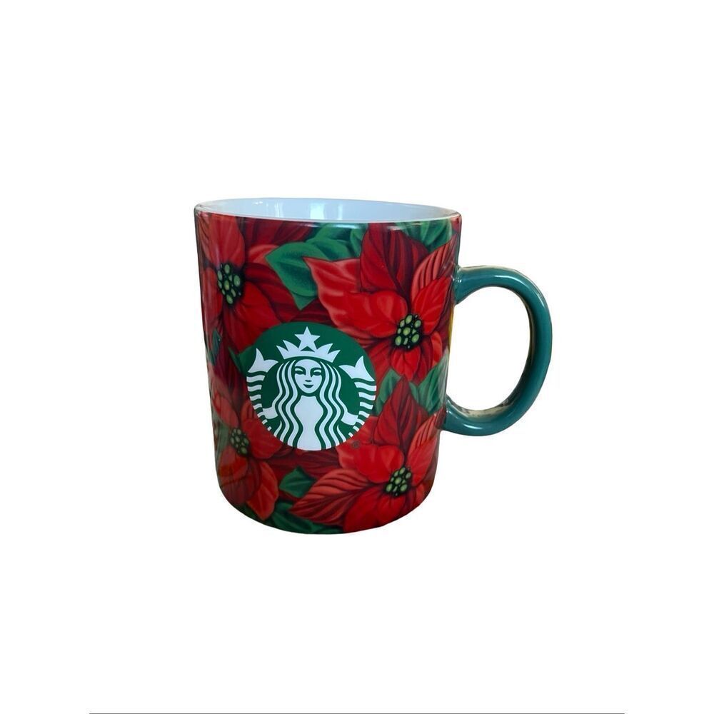 Starbucks Red Green Ceramic Floral Christmas Holiday Poinsettia Coffee Mug